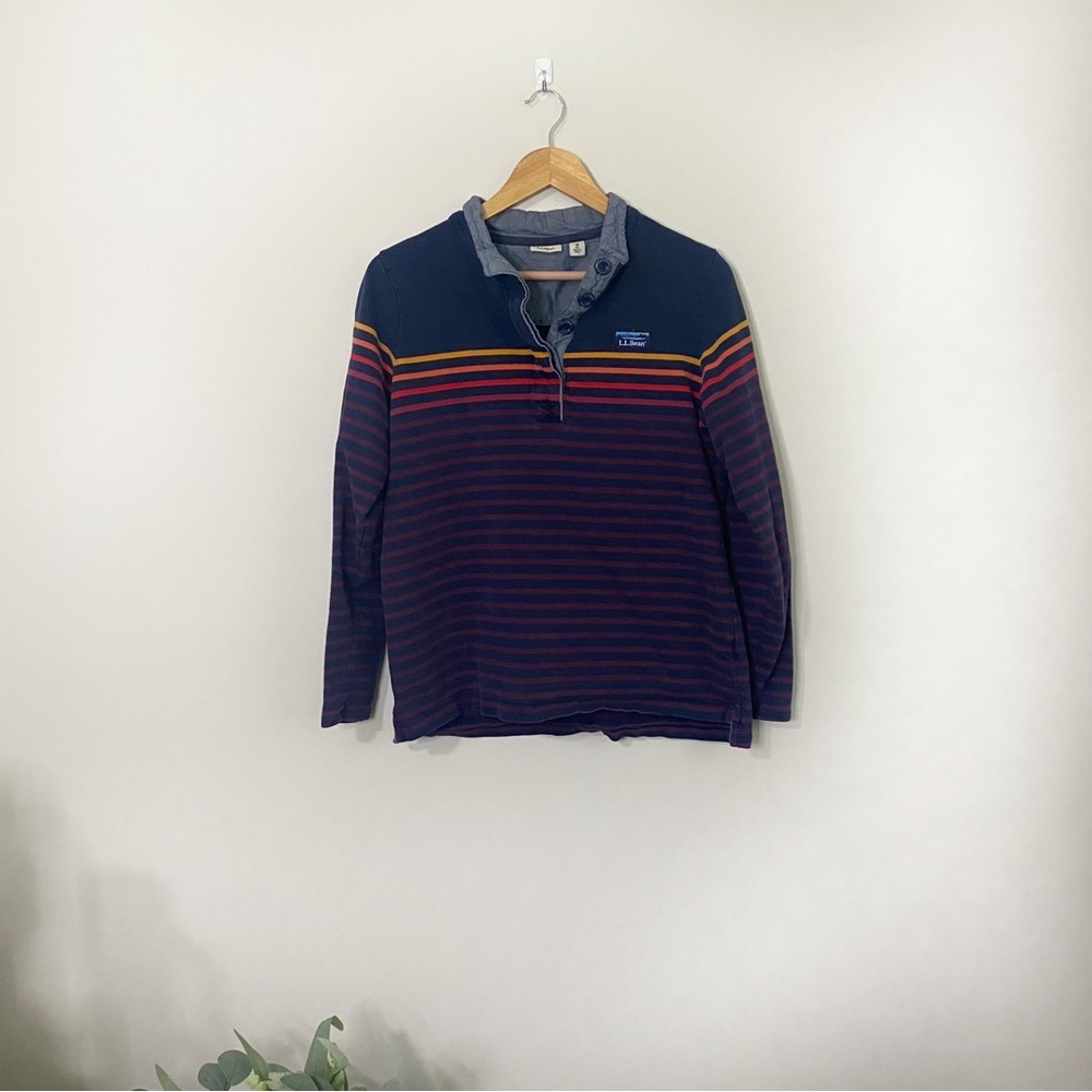 [L.L. Bean] Navy Pullover with Yellow, Orange and Red Striped Sweatshirt